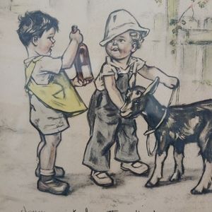 Art Germaine Bouret Signed Kids and Goat Frame Watercolor 8x10 glass French